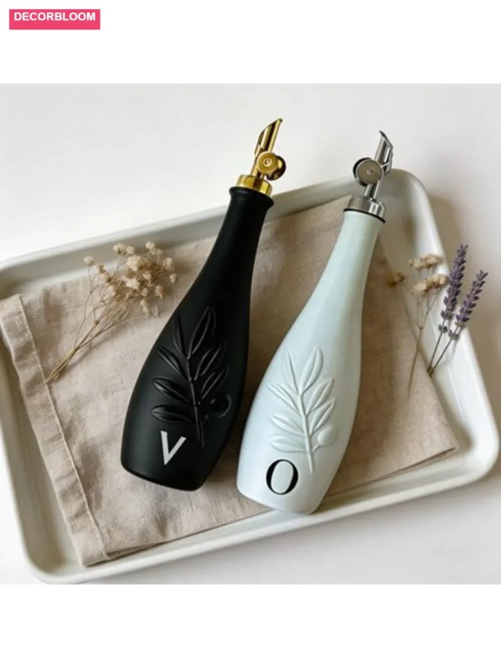 Set of 2 Ceramic Oil & Vinegar Dispensers, Leak Proof Self-Closing Spouts,